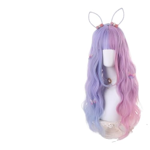 AnimeKostüm,Cosplay Perücke, Weiche, halb Blaue, halb Violette Perücke mit Pony und langem lockigem Haar for Mädchen von BFVAKBKYT