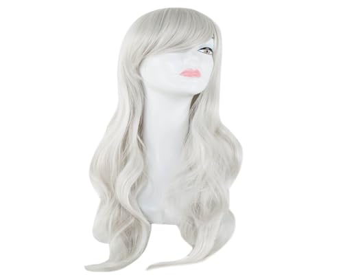 BFVAKBKYT AnimeKostüm,Cosplay Perücke, Synthetisches hitzebeständiges langes gewelltes blaues Frauenhaarkostüm Karneval Halloween Masque Party Salon Haarteil(Silver Grey) von BFVAKBKYT