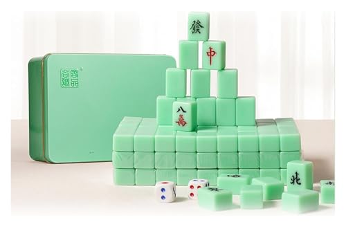 BFVAKBKYT Chinesisch Majong Set, Chinesische Mini-Daumen-Mahjong-Steine*144, massives Melamin, mit tragbarer Aufbewahrungsbox aus Metall + Tischdecke + 2 Würfel + 4 Steinboxen,(Green) von BFVAKBKYT