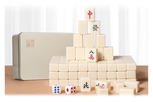 BFVAKBKYT Chinesisch Majong Set, Chinesische Mini-Daumen-Mahjong-Steine*144, massives Melamin, mit tragbarer Aufbewahrungsbox aus Metall + Tischdecke + 2 Würfel + 4 Steinboxen,(Ivory) von BFVAKBKYT