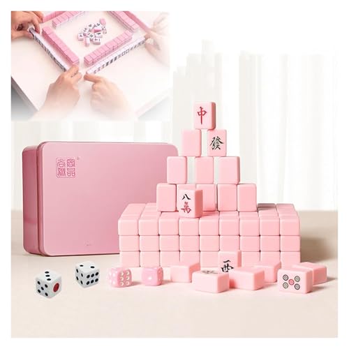 BFVAKBKYT Chinesisch Majong Set, Chinesische Mini-Daumen-Mahjong-Steine*144, massives Melamin, mit tragbarer Aufbewahrungsbox aus Metall + Tischdecke + 2 Würfel + 4 Steinboxen,(Pink) von BFVAKBKYT