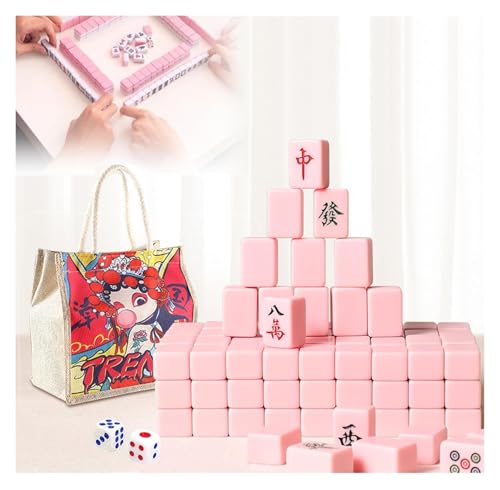 BFVAKBKYT Chinesisch Majong Set, Mittlere Mahjong-Steine ​​* 144, massives Melamin, mit Aufbewahrungstasche aus Oxford-Stoff im Peking-Opern-Stil + Tischdecke, 30 * 22 * ​​17 mm,(Pink) von BFVAKBKYT