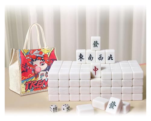 BFVAKBKYT Chinesisch Majong Set, Mittlere Mahjong-Steine ​​* 144, massives Melamin, mit Aufbewahrungstasche aus Oxford-Stoff im Peking-Opern-Stil + Tischdecke, 30 * 22 * ​​17 mm,(White) von BFVAKBKYT