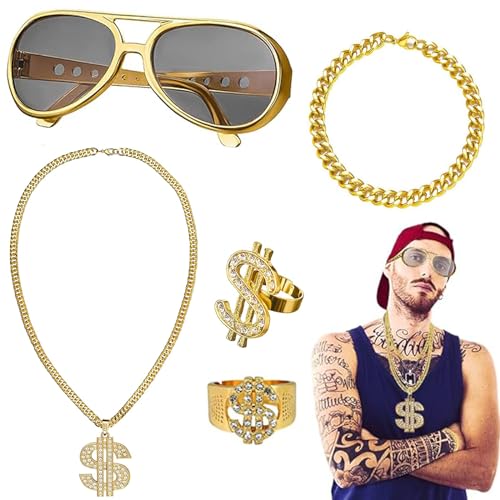 BFYHVP 5-Stück Zuhälter Kostüm, 80er Jahre Accessoires, 90er jahre outfit herren, Goldkette Fasching, Goldkette Karneva, Goldkette Herren Kostüm, Zuhälter Kostüm Herren, Rapper Kostüm, Dollar Kette von BFYHVP