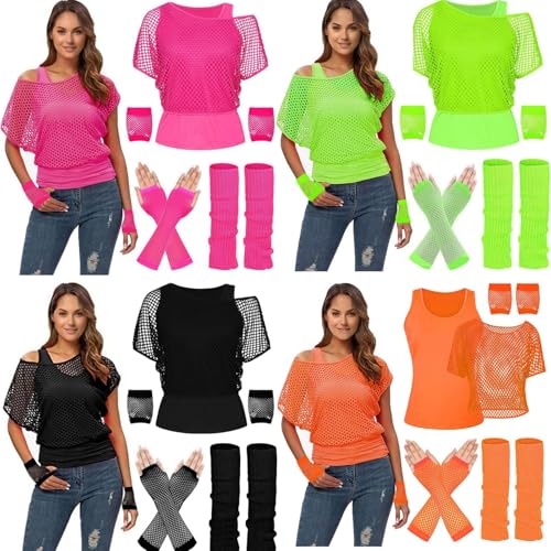 BGFIPAJG 6PC Faschingskostüme Damen 80er Jahre Outfit Damen,Netzshirt,Tank Top,BeinwäRmer,Netzhandschuhe Kostüm Damen Tops für Damen Tshirt Damen Neon Kleidung 90er Jahre Outfit Damen(Orange,XXL) von BGFIPAJG