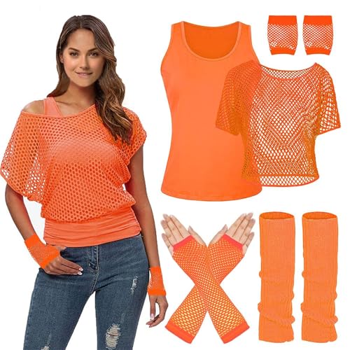 BGFIPAJG 80er jahre outfit damen faschingskostüme damen karneval kostüm damen 90er jahre outfit damen,Netzshirt,Tank top,Beinwärmer,Netzhandschuhe tops für damen tshirt damen(Orange,XL) von BGFIPAJG