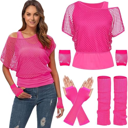 BGFIPAJG 80er jahre outfit damen faschingskostüme damen karneval kostüm damen 90er jahre outfit damen,Netzshirt,Tank top,Beinwärmer,Netzhandschuhe tops für damen tshirt damen(Rosa,XL) von BGFIPAJG