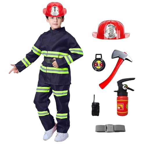 BGFIPAJG Feuerwehr Kostüm Kinder, Faschingskostüme Kinder Rollenspiel Set 8 Teiliges Mit Feuerlöscher Jacke Helm für Kinder Jungen Mädchen Karneval Halloween Fasching (Blau, 100) von BGFIPAJG