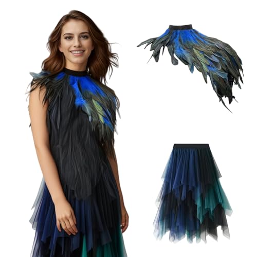 BGFIPAJG Pfau Kostüm Damen,Faschingskostüme Damen,Blau Grün Pfau Tüllrock, Feder Cape,Karneval Pfau Rock,Einheitsgröße, Atmungsaktives Material (Blau, Einheitsgröße) von BGFIPAJG