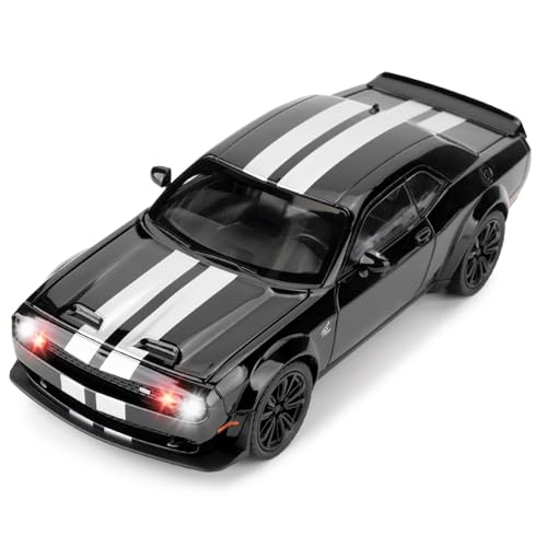 BGHSCA Kompatibel für Dodge Challenger SRT Hellcat Auto Modell, 1:22 Die-Cast Spielzeugauto mit Sound und Licht, Pull Back Modell Fahrzeug Spielzeug für Erwachsene Kinder (Schwarz) von BGHSCA