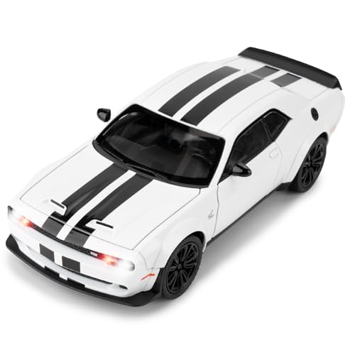 BGHSCA Kompatibel für Dodge Challenger SRT Hellcat Auto Modell, 1:22 Die-Cast Spielzeugauto mit Sound und Licht, Pull Back Modell Fahrzeug Spielzeug für Erwachsene Kinder (Weiß) von BGHSCA