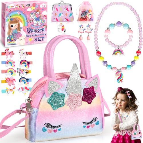 BGIUSQF 17 Stück Einhorn Handtasche Schmuckset für Mädchen, Einhorn Geschenke für Mädchen, Kinder Schmuckset Mädchen, Taschen, Halsketten, Armbänder, Ringe, Haarnadeln, Einhorn Tasche von BGIUSQF