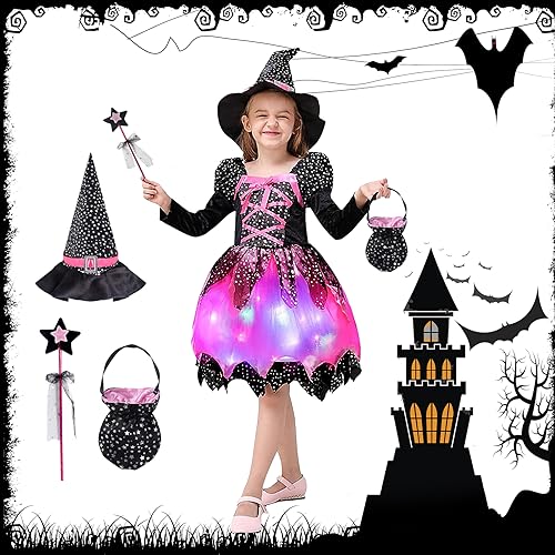 BGIUSQF Hexenkostüm Kinder, LED Hexenkleid Kinder, Halloween Leuchtendes Hexenkleid Set, Bringen Sie Hut, Tasche und Zauberstab mit, Halloween Kostüm Hexe Mädchen, 130 cm von BGIUSQF