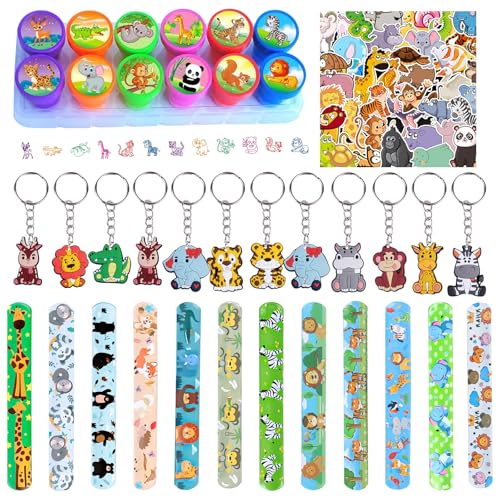 76Pcs Safari Party Mitgebsel Set, Jungle Animal Schlüsselanhänger Schnapparmband Stempel Aufkleber, Dschungel Party Supplies, Tiere Party Zubehör für Mädchen Jungen Kindergeburtstag Give Aways von BGNXHYB