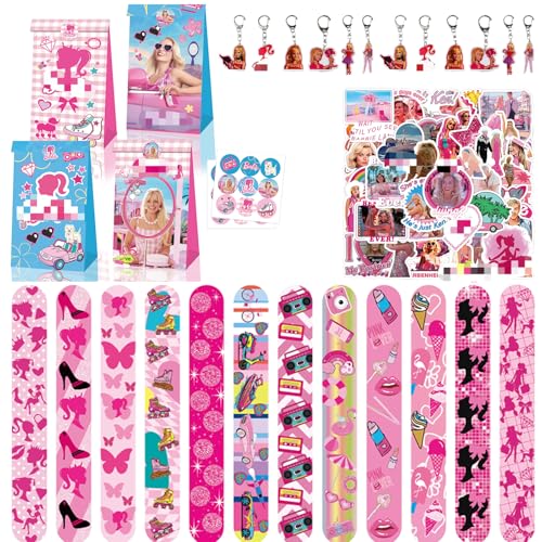 BGNXHYB 86Pcs Bar-bi Party Mitgebsel Set, 12 Barbiprinzessin Slap Armbänder, 12 Geschenktüten, 12 Schlüsselanhänger, 50 Aufkleber Kinder, für Geschenke Jungen Mädchen Kindergeburtstag Party Zubehör von BGNXHYB