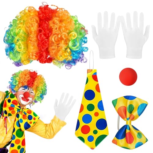 5 Stück Clown Kostüm Accessoire, Clown Lockenperücke + Clownsnase + Bunte Krawatte + Handschuhe, Geeignet für Ostern Arty Event Karnevals Kostüm Cosplay von BGTLJKD