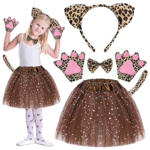 BGTLJKD 6 Stück Katze Kostüm Mädchen, Katze Kostüm Kinder, Katzen Kostüm mit Katze Ohren Stirnband Fliege Schwanz Tutu Rock Handschuhe, Tierkostüm Kinder für Karneval, Cosplay Party (B) von BGTLJKD