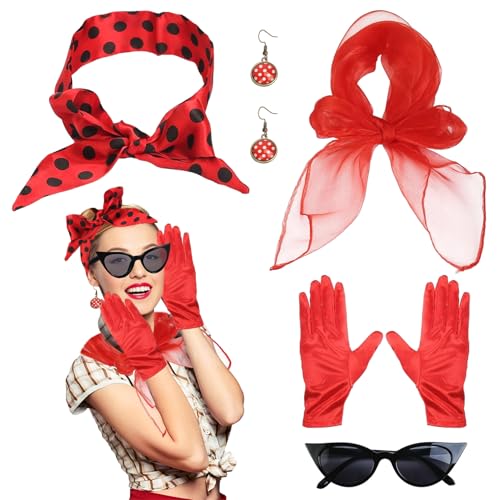 BGTLJKD 5TLG Rockabilly Accessoires Damen, 50er 60er Jahre Kostüm Kleid Damen Zubehör mit Schal Polka Dot Bandana Katzen Auge Brille 1950s Kostüm Set für Retro Karneval Mottoparty von BGTLJKD