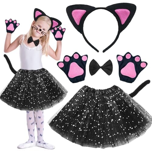 BGTLJKD 6 Stück Katze Kostüm Mädchen, Katze Kostüm Kinder, Katzen Kostüm mit Katze Ohren Stirnband Fliege Schwanz Tutu Rock Handschuhe, Tierkostüm Kinder für Karneval, Cosplay Party(A) von BGTLJKD