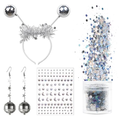 BGTLJKD Alien Kostüm Accessoires, Alien Haarreif In Silver, 70S Ohrringe Discokugel Haarreif Damen Holografischer Glitter, Silber Haarschmuck Deko für Karneval Kostümparty Fasching von BGTLJKD