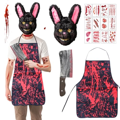 BGTLJKD Halloween Horror Hase Maske Set, Halloween Kostüm Herren, Kommt mit gruseliger Hasenmaske, Schürze, aufblasbarer Machete und Aufklebern, Halloween Cosplay Requisiten Für Erwachsene von BGTLJKD