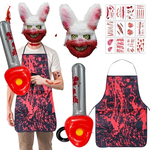 BGTLJKD Halloween Horror Hase Maske Set, Halloween Kostüm Herren, kommt mit Gruselhasen Maske, Schürze, aufblasbarer Kettensäge und Aufklebern, Halloween Cosplay Requisiten für Erwachsene von BGTLJKD