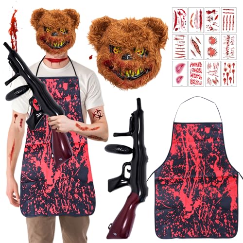 BGTLJKD Horror Bär kostüm, Halloween Kostüm Herren, kommt mit gruseliger Bärenmaske, Schürze, aufblasbarer Pistole und Aufklebern, Halloween Cosplay Requisiten für Erwachsene von BGTLJKD