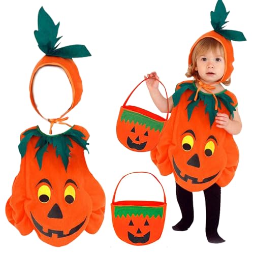 BGTLJKD Halloween Kostüm Kürbis Kinder, Kinder Kürbis Kostüm mit Hut, Kürbistasche und Kürbisstab, Pumpkin Halloween Cosplay, Kürbis Kostüm Kinder Mädchen Jungen für Halloween Karneval Party (L) von BGTLJKD