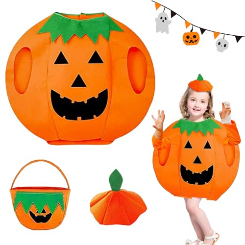 BGTLJKD Halloween Kürbis Kostüm, Kinder Kürbis Kostüm Damen, Karnevals Kürbiskostüm mit Hut und Kürbis Tasche Lustige Kürbis Kostüme für Frauen/Mädchen Halloween Karneval Cosplay Party von BGTLJKD