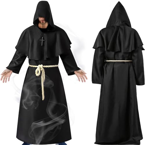 BGTLJKD Mönch Robe Kostüm, Renaissance Priester Robe Mönch Priester Gewand Cosplay Mönchskostüm Mönch Robe mit Kapuze, Kordel und Kreuz,Für Karneval Fasching Mottoparty Cosplay Halloween (L) von BGTLJKD