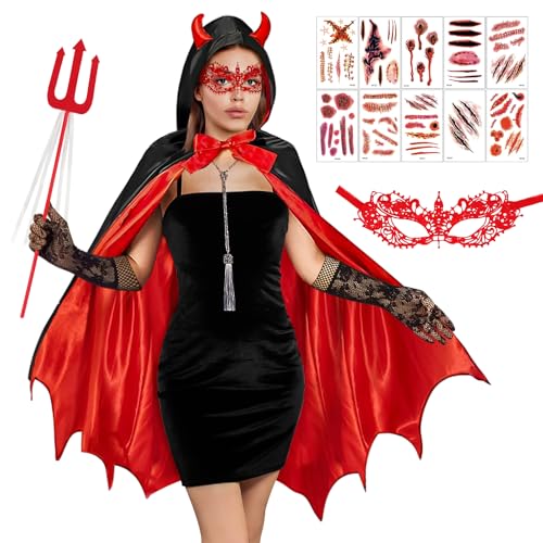 BGTLJKD Teufel Kostüm Damen, Karneval Kostüm Damen Teufel Umhang mit Teufelsgabel, Spitzenaugenklappe, Spitzenhandschuhen, Tattoo-Aufkleber, Für Karneval Fasching Masquerade Cosplay von BGTLJKD