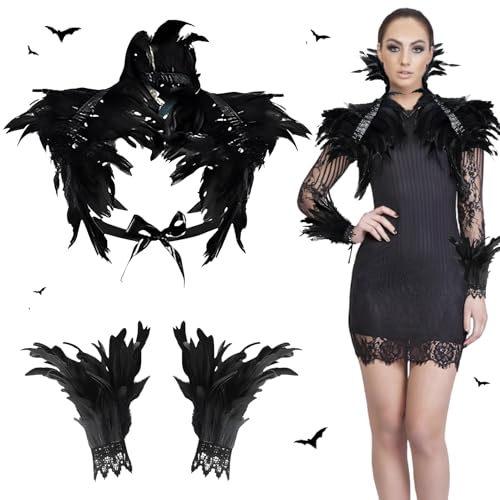 Federkragen Schwarzer Kostüm Damen mit Feder Manschetten, Gothic Feder Achselzucken Schalkragen, Federumhang, Feder Cape, für Halloween Karneval Feste Cosplay Party von BGTLJKD