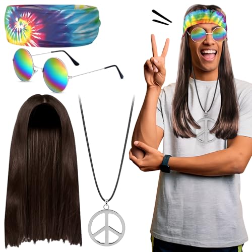 Hippie Kostüm Damen Herren, 4 Stück Hippie Kostüm Set, Hippie Perücke Sonnenbrille Peace Halskette Batik Stirnband 70er Kostüme für Karneval Mottoparty Fasching Cosplay Themenparty von BGTLJKD