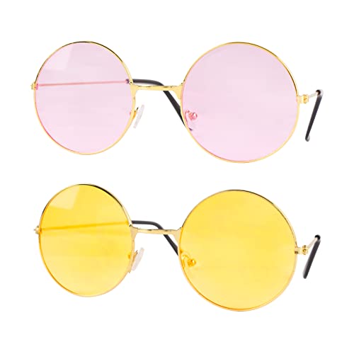 2 Paar Hippie Brille Brille Rund Retro Partybrille Kostüm Brille 60er 70er Jahre Vintage für Herren Damen Foto Requisiten Fasching JGA Karneval Tanz Urlaub Sommer Party (Rosa Gelb) von BHGT