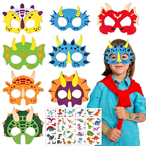8 Stück Dinosaurier Masken Filz Tiermasken für Kinder mit 10 Blätter Dino Tattoo Dinosmasken Party Mitgebsel für Kindergeburtstag Maskerade Mottoparty Halloween (Bunt-A) von BHGT