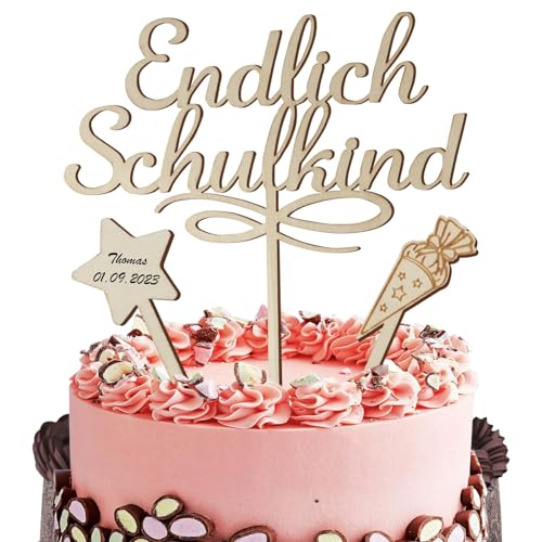 BHGT Cake Topper Endlich Schulkind Tortendeko Einschulung Holz Torten Topper Cupcake Kuchen Deko Schulanfang Schuleinführung 1. Schultag Party Deko Geschenk für Junge Mädchen Kinder von BHGT