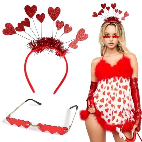 BHGT Amor Kostüm Herz Stirnband Glitzer Herz Haarreif Valentinstag Haarreif Karneval Haarreif mit Brille Karneval Zubehör Accessoires Fasching Haarreif für Valentinstag Accessoires Karneval von BHGT