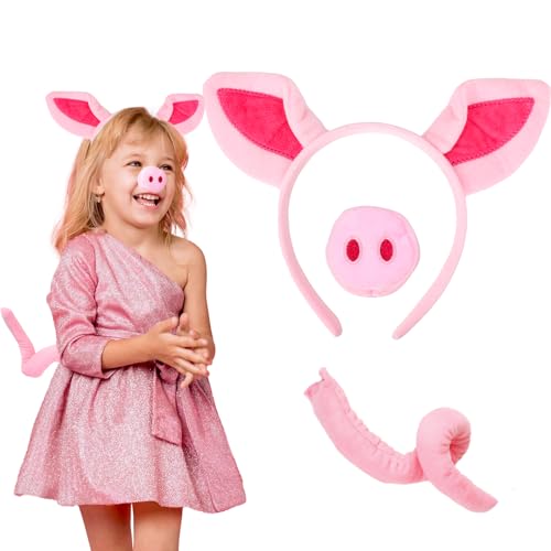 BHGT Karneval Kostüm Schwein Kostüm Set Rosa Haarreif Karneval Schwein Ohren Nasen Schwanz und Fliege Karneval Weihnachten Kostüm Zubehör Karneval Party Accessoires Schwein Kostüm Kit von BHGT