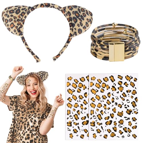 BHGT Leoparden Ohren Kostüm Set Leopardenohren Haarreif Stirnband Armband mit Leopardenmuster Tattoo Dschungel Party Dekoration Zubehör für Halloween Karneval Kostümball Fasching von BHGT