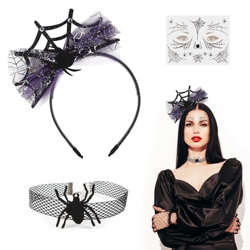 BHGT Spinne Haarreif + Halsband + Tattoo Halloween Haarreif Spinnennetz Tattoo Halloween Kostüm Zubehör Stirnband Haarband Party Accessoires für Halloween Karneval Fasching von BHGT