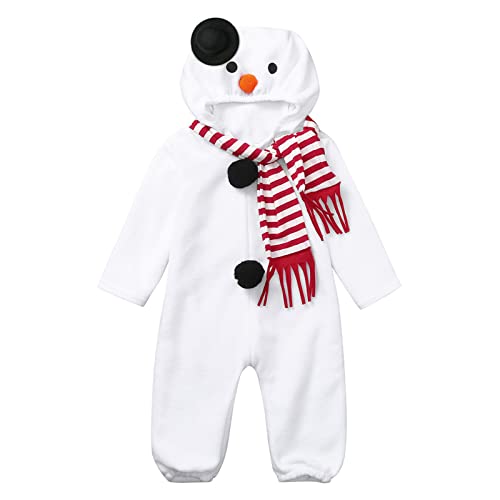 BIBOKAOKE Kleinkind Baby Mädchen Jungen Langarm Weihnachten Strampler Cosplay Karikatur Schneemann Kostüm Plüsch Jumpsuit & Overall Kostüm mit Kapuzen Weihnachtsanzug Langarm Strampler Body mit Schal von BIBOKAOKE