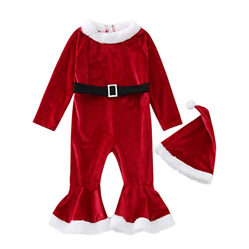 BIBOKAOKE Weihnachten Langarm Strampler Kleinkind Mädchen Flare Jumpsuit Hut Set für Mädchen Weihnachtskostüm mit Schlaghosen und Weihnachtsanzug Elfenkostüm für Mädchen Weihnachts Cosplay Kostüm von BIBOKAOKE