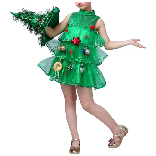 Weihnachtsbaum-Kostüm für Kinder Grüner Weihnachtsbaumrock Neuartiger Weihnachts-Partyhut Weihnachts-Performance-Kleid-Outfit mit Ball Dekor Rüschen Swing Kleid Cosplay Festival Kleidung von BIBOKAOKE