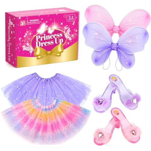 BIBUTY Prinzessinnenkleider für Mädchen, Feenflügel, Kleidung, Simulationsspielkostüme, Rumpf mit 2 Sets Prinzessinnen-Schuhen, Tutu-Röcken für Mädchen und Feenflügel von BIBUTY