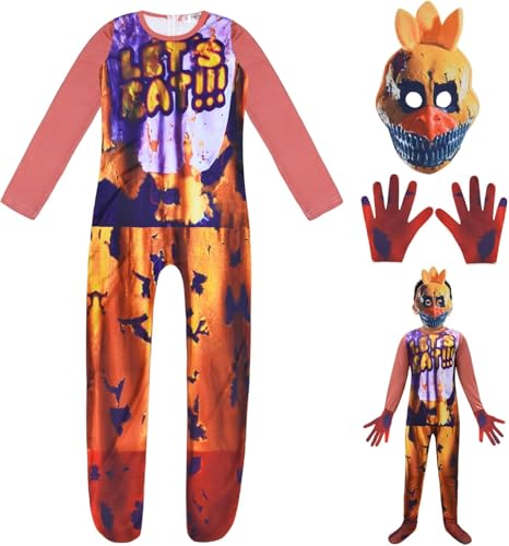 BIEGMAI FNAF Kostüm Bonnie Foxy Fazbear Cosplay-Overall, Sicherheitsverletzung, FNAF-Spielcharakter, Halloween-Body für Party, Kostüm, Gelb (Yellow Chica, 140) von BIEGMAI