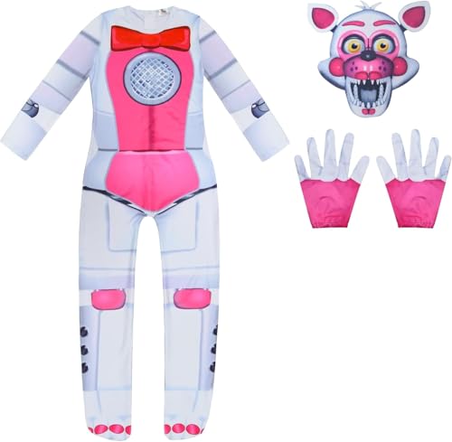 BIEGMAI FNAF Kostüm Bonnie Foxy Fazbear Cosplay-Overall, Sicherheitsverletzung, FNAF-Spielcharakter, Halloween-Body für Party, Kostüm, Outfit (weißer Fuchs, 110) von BIEGMAI