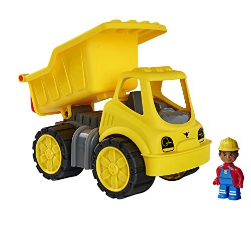 BIG-Power-Worker Kipper + Figur - Spielzeug Auto ideal für Unterwegs, Reifen aus Softmaterial, bewegliche Kippmulde mit Ladekappe, inklusive Figur, für Kinder ab 2 Jahren, Gelb von BIG Spielwarenfabrik