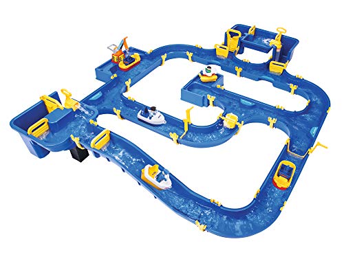 BIG - Waterplay Amsterdam - Wasserbahn blau, 175 x 143 x 27cm große Bahn, mit 4 Booten, Wasserflugzeug und 3 Spielfiguren, 2 Schleusen, Wasserpumpe und Hafenbecken, ab 3 Jahren von BIG Spielwarenfabrik