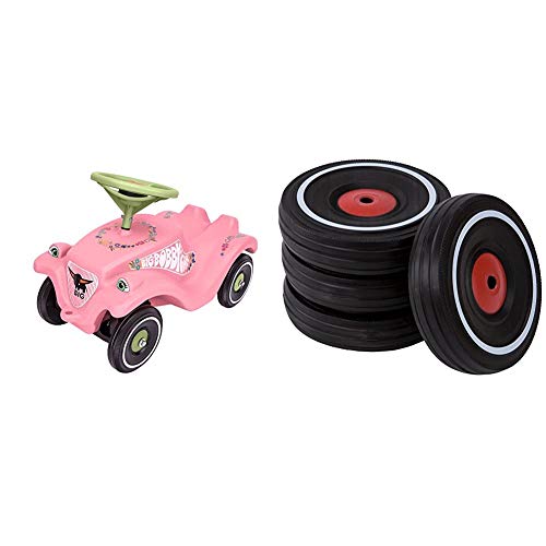 BIG-Bobby-Car Classic Flower - Kinderfahrzeug mit Blumenaufklebern für Jungen und Mädchen & Bobby Car Whisper Wheels - Flüsterräder für Rutscher Autos, Reifen-Set mit Befestigungsclips von BIG Spielwarenfabrik