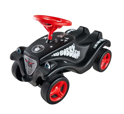 Big Bobby Car Classic Little Rocker - Rutschauto ab 1 Jahr im dunklen Rock n‘ Roll-Design mit rotem Sicherheits-Lenkrad und Hupe, für Kinder ab 12 Monaten (bis 50 kg), schwarz mit Aufklebern von BIG Spielwarenfabrik